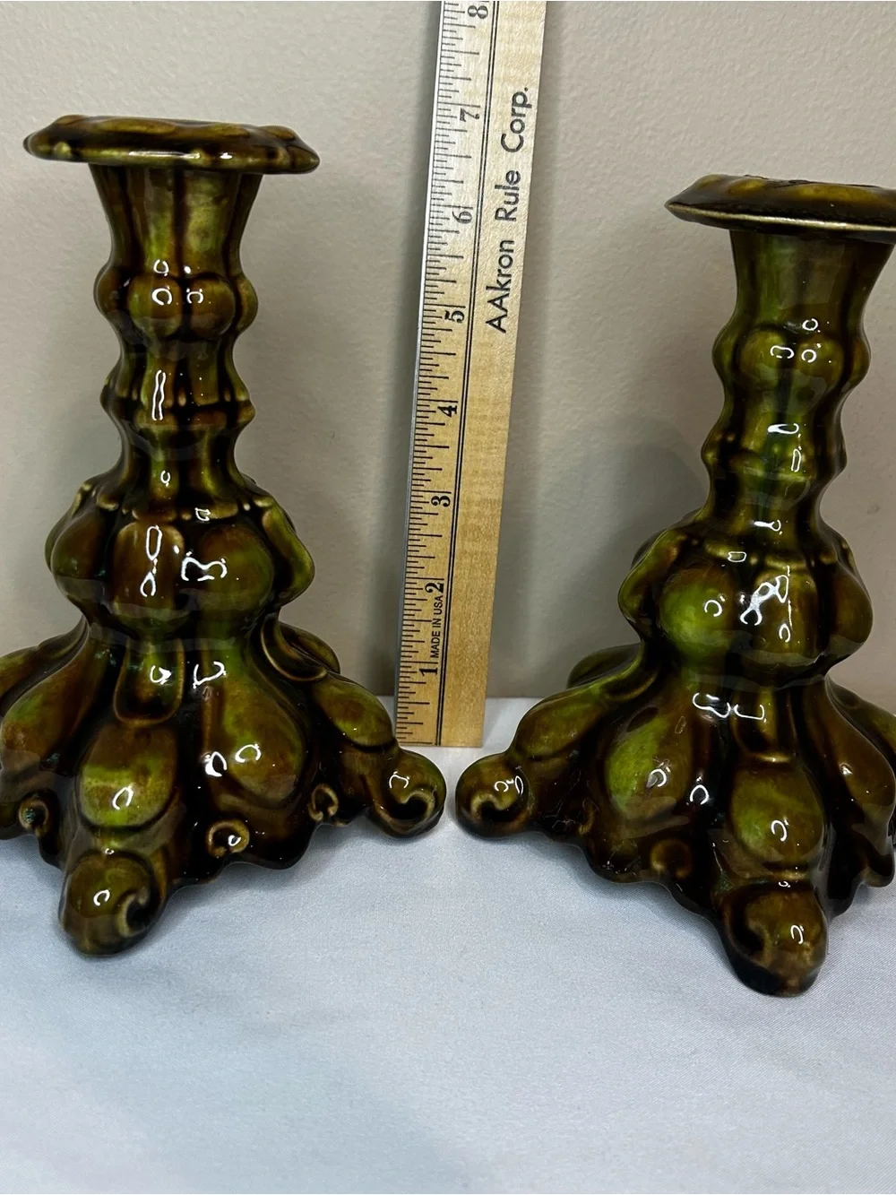 Green & Brown Glazed Decorative Ceramic Candlestick Pair. Handcrafted.